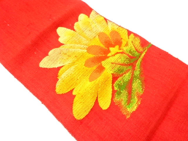 リサイクル　手織り紬　草花模様織り出し名古屋帯